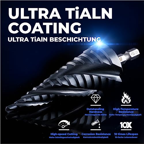 toolant Four Spiral Flute Cobalt Step Drill Bit(Pro Max), 4-32mm Impact Ready Four Spiral Flutes Unibit Step Bit, 1/4" Hex Shank Unibit for Metal, Stainless Steel, Aluminum, Wood, Plastic