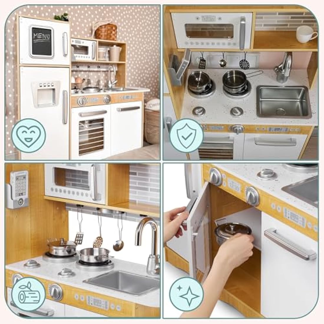 Mamabrum Baby Toys Play Kitchen with LED Lightning System, Wooden Kids Toys, Role Play Kitchen Accessories Included Pretend Play Toy Kitchen for Kids Little Chef Kitchen Playset, Natural Wood