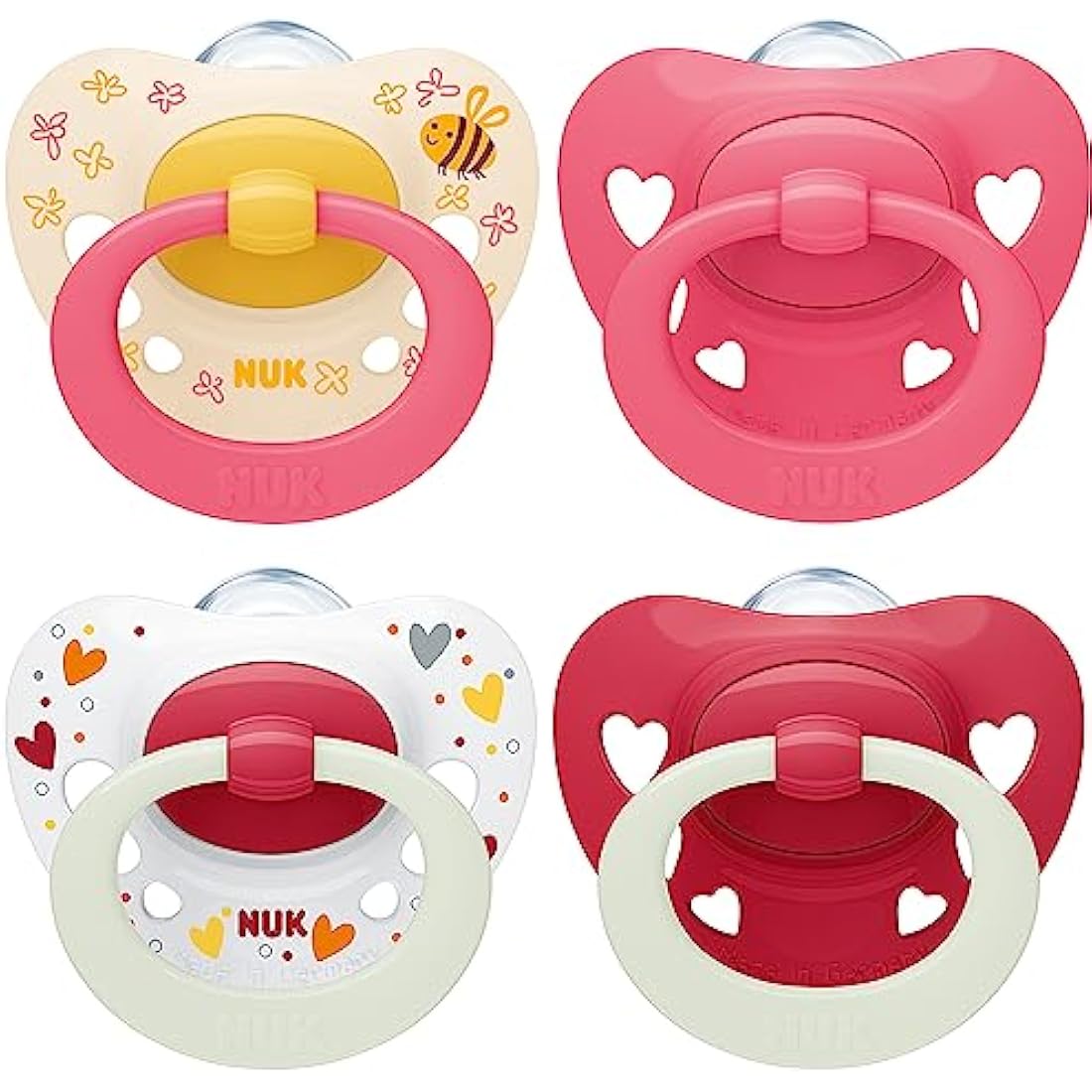 NUK Signature Day & Night Baby Dummy | 6-18 months | Soothes 95% of Babies | Heart-Shaped BPA-Free Silicone Soothers | Glow-in-the-Dark | Hearts | 4 Count