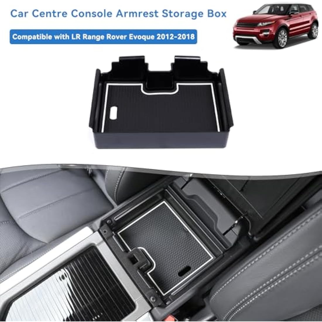 Black Armrest Storage Box Plastic Car Phone Organizer Holder Tray With Non-Slip Mat Compatible With Range Rover Evoque 2012-2018 Car Accessory