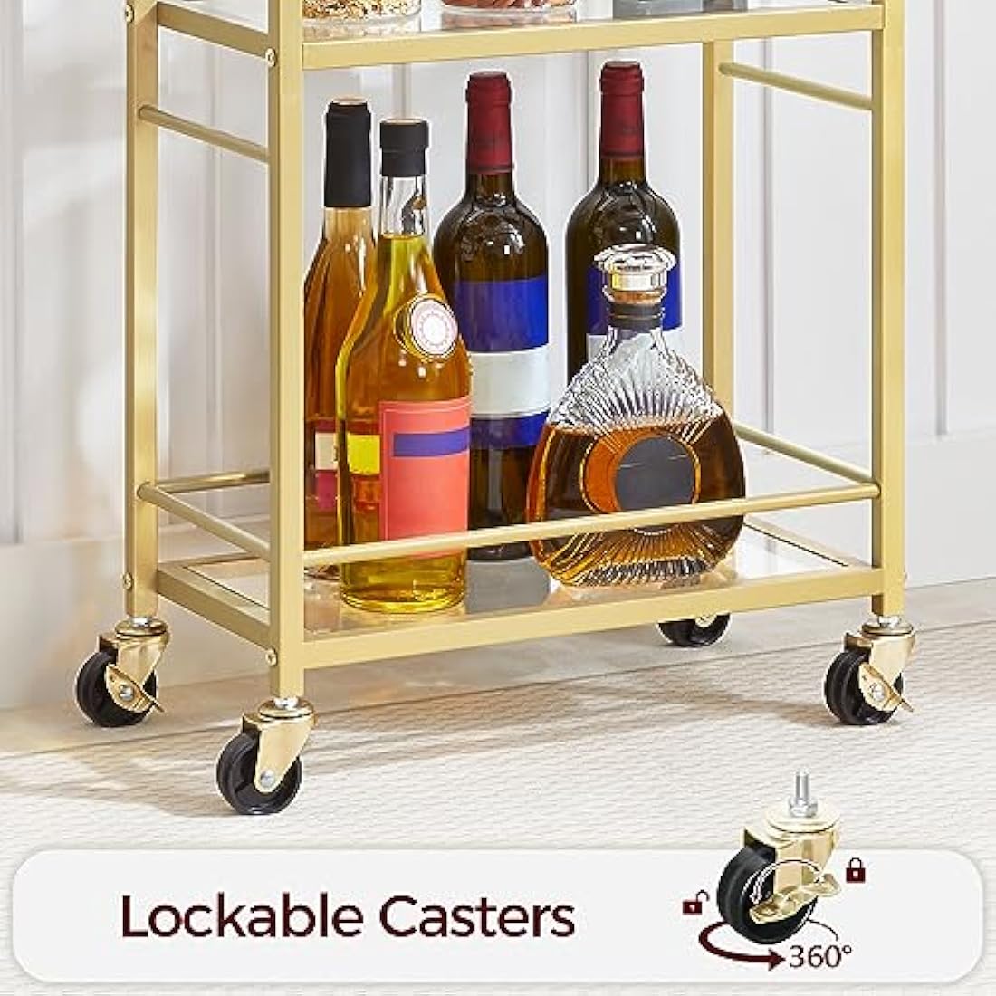 MAHANCRIS 3 Tier Bar Cart for Home, Kitchen Storage Island Serving Cart on Wheels, Tempered Glass Trolley, Rolling Beverage Cart for Bar, Dining Room, Gold ARCJ40B01