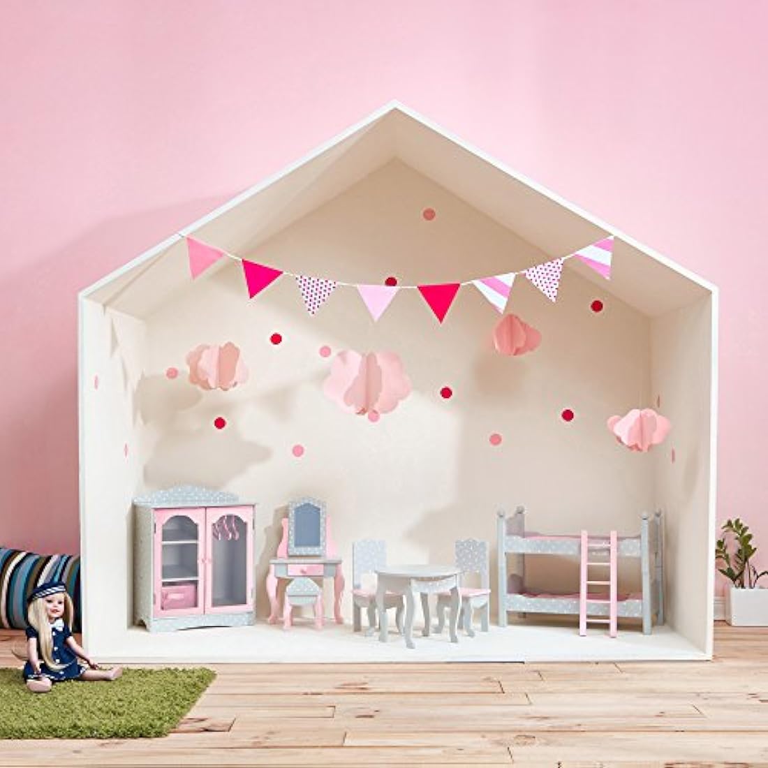 Olivia's Little World Polka Dot Princess Wooden Shaker-Style Double Closet for 18" Doll Wardrobes with Windowed Doors, Three Shelves, Hanging Space with Hangers, Grey/Pink