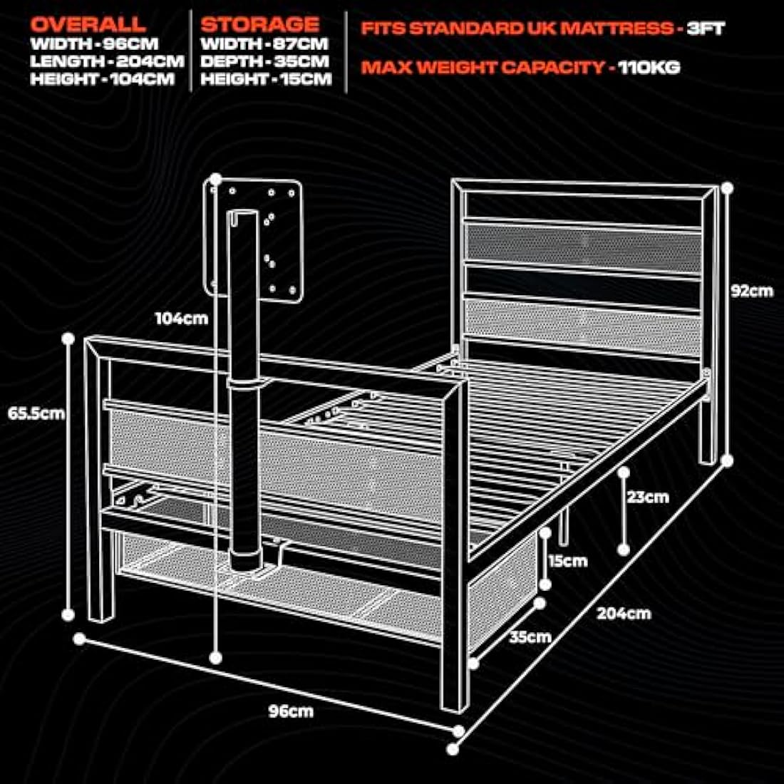 X-Rocker Basecamp TV Gaming Bed with Rotating Mount, Storage and Cable Management, Single 3ft Low Sleeper Bedstead, Metal Frame, Ideal for Kids Bedroom, Up to 32" TV Supported - Black