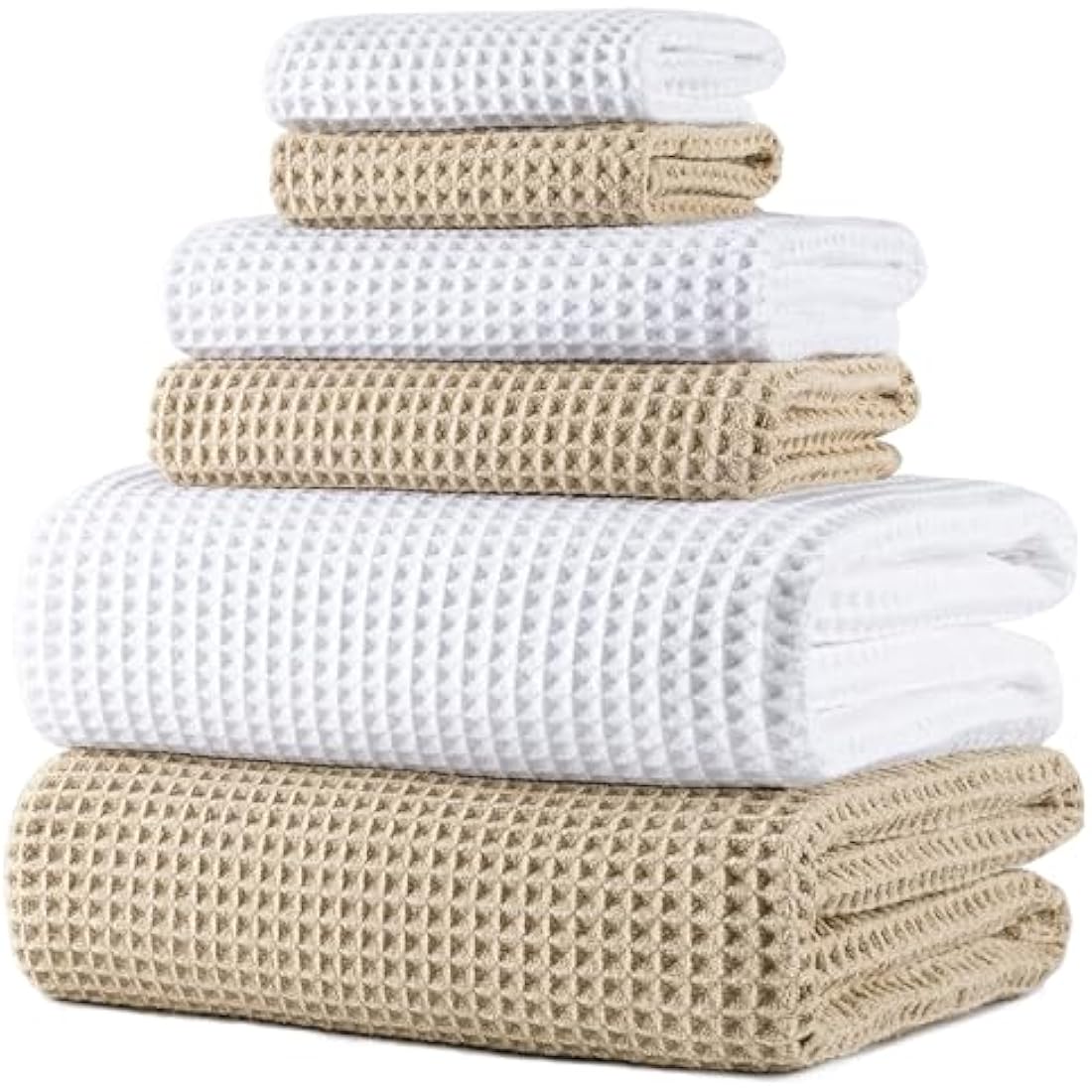 POLYTE Microfibre Oversize, 76 x 152 cm, Quick Dry Lint Free Bath Towel Set, 6 Piece (White,Beige, Waffle Weave)