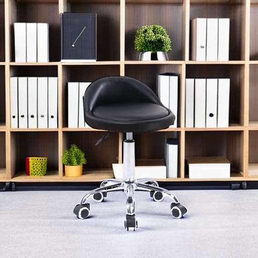 KKTONER PU Leather Round Rolling Stool with Back Rest Height Adjustable Swivel Drafting Work SPA Task Chair with Wheels (Black)