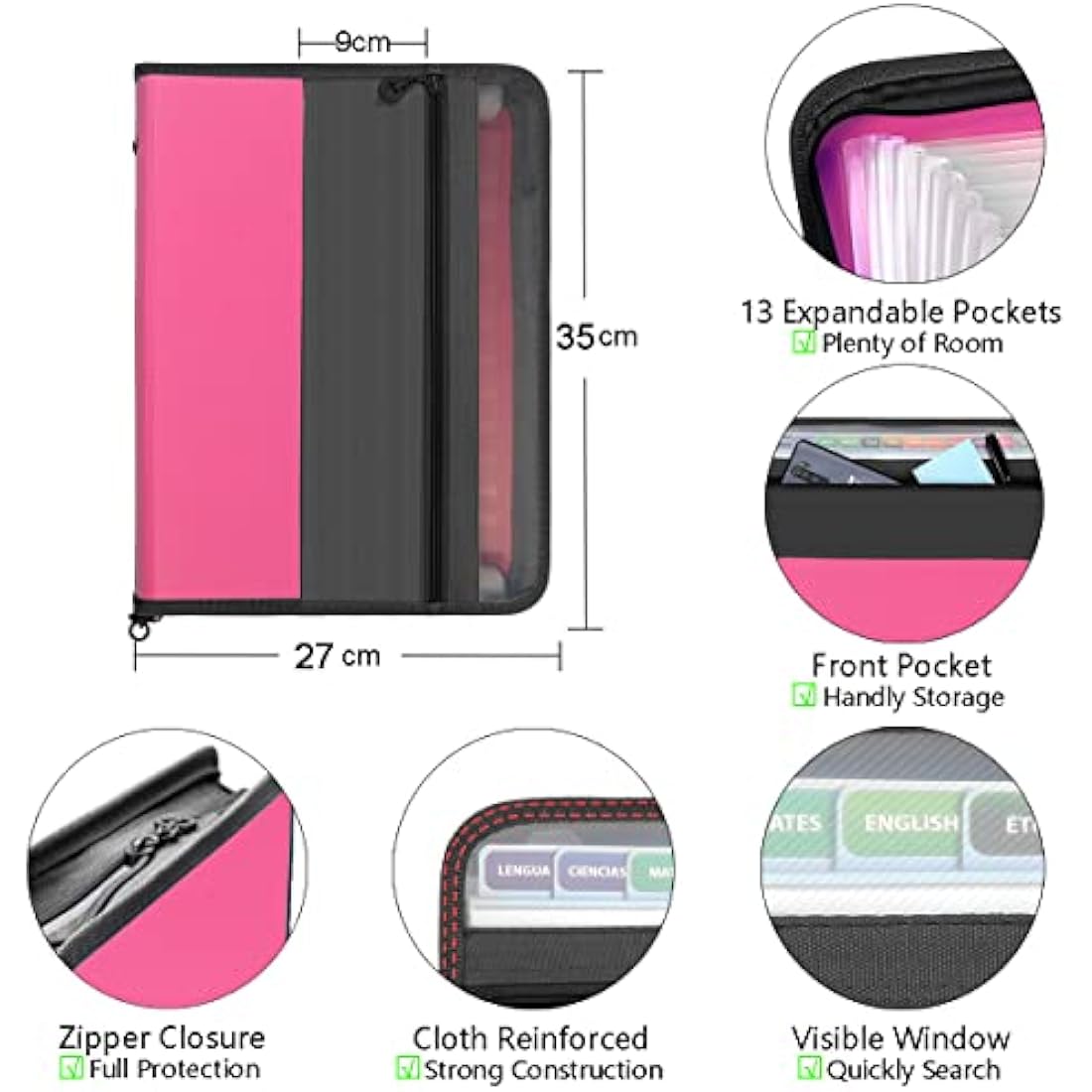 TRANBO 13 Pockets Expanding File Folder with Zipper Closure, A4 Plastic Document Wallet Organizer with Handy Front Pocket for Personal Office Stationary Storage