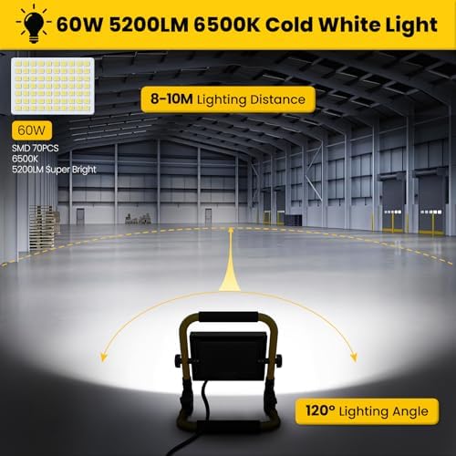CLV 60W LED Work Light 5200LM, Job Site Light, Plug in Folding FloodLight, Portable Stand Work Lights Mains Powered LoftLight for Car Repairing Home Workshop Garage, 6500K Cold White 5M Wire with Plug