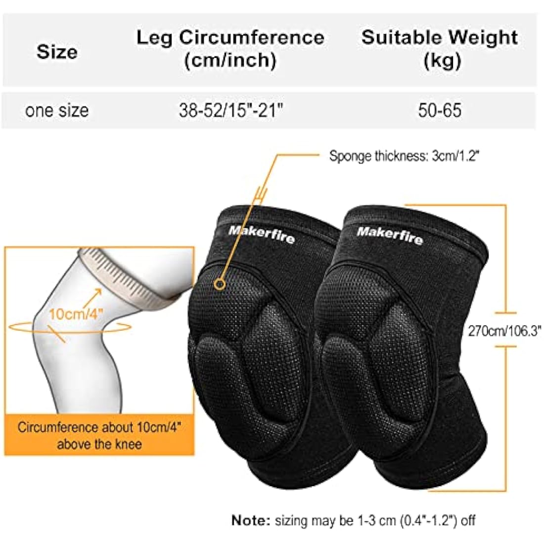 Makerfire Protective Knee Pads Knee Protector Thick Sponge Anti-Slip Collision Avoidance Knee Sleeve-1 Pair(L)