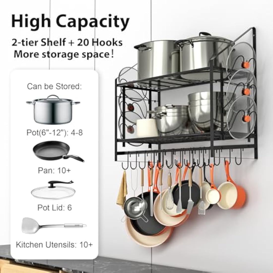 VyGrow 35 Inch Pot Rack Wall Mounted, 2 Tier Pots and Pans Organizer with 20 Hooks and 6 Pot Lid Holders, Heavy Duty Steel Pot and Pan Hanger for Kitchen Cookware Utensils Storage 34.7" Lx13 Wx26.4 H