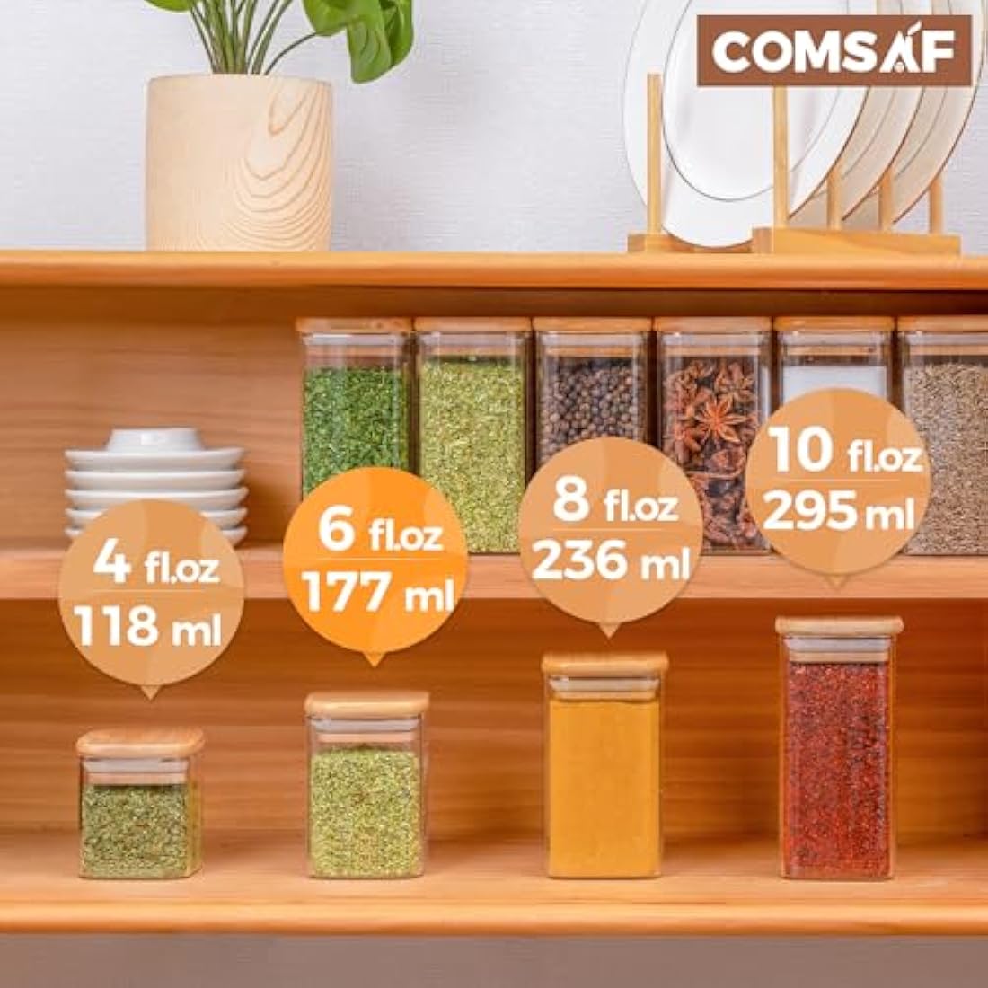 ComSaf 16 Pcs Glass Spice Jars with Bamboo Lids, 6oz/180ml Square Glass Storage Jars with 275 Black Lables, Airtight Spice Jars with Lids, Glass Container for Spice, Salt, Sugar, Seeds, Nuts etc
