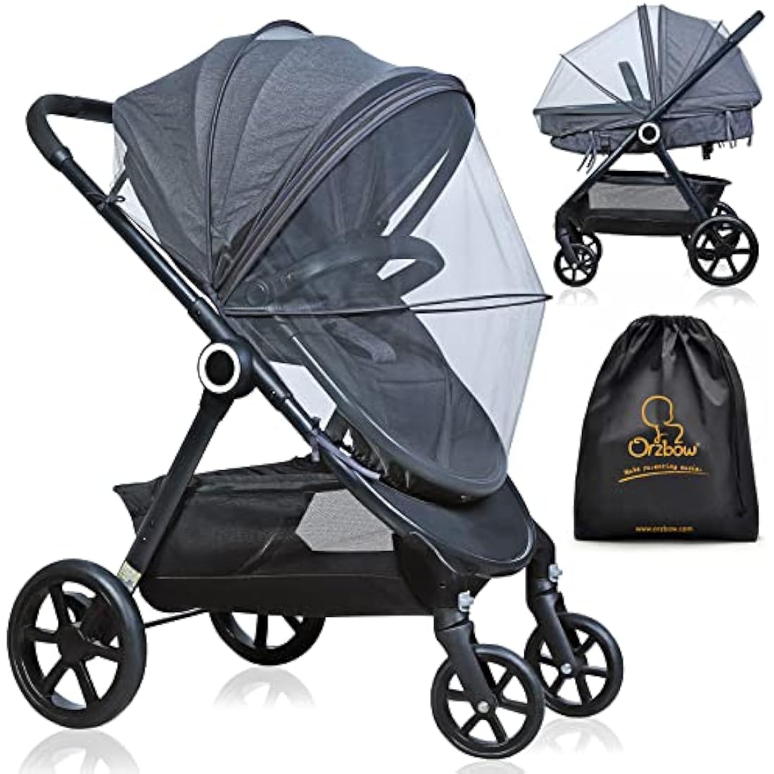 Orzbow Universal Baby Mosquito Net for Pushchair,Breathable Pram Fly Insect Bug Net with Two-way Zippers,Foldable & Stable Protection Cover for Car Seat,Buggy,Carrycot & Crib (Dark Grey)