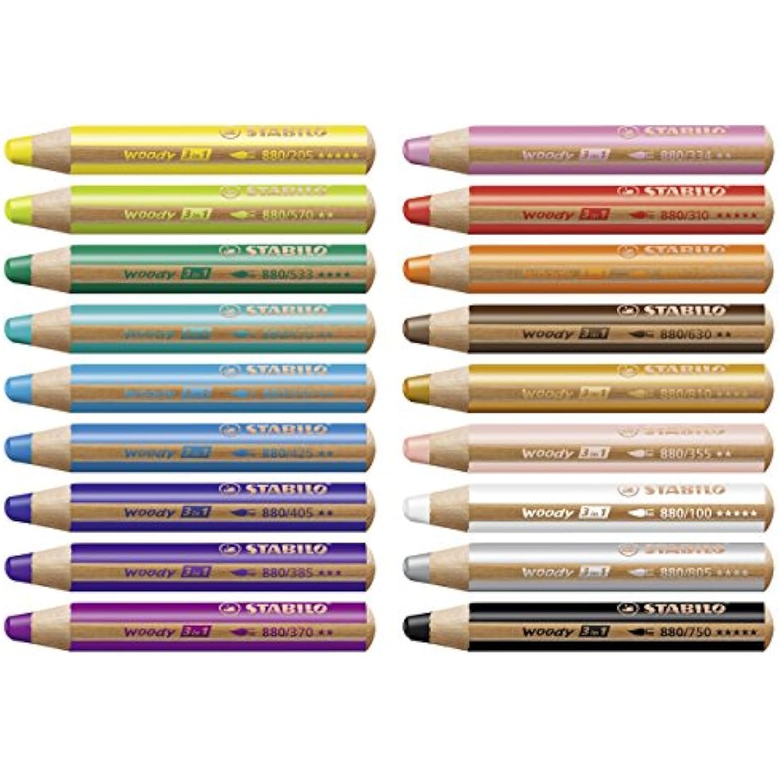 STABILO woody 3-in-1 - Multi-Talented Pencil - Pack of 18 - Assorted Colours with Sharpener and Paint Brush