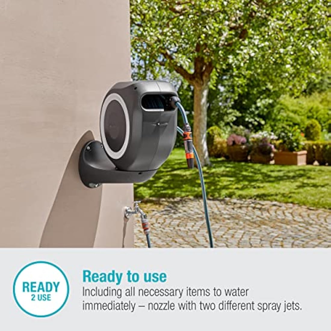 Gardena Wall-Mounted Hose Box Rollup M 20 m: Flexible Watering for Medium-Sized Gardens, Swivel Hose Reel, with Wall Bracket, System Parts and Nozzle, Including 20 m Gardena Hose (18612-20)
