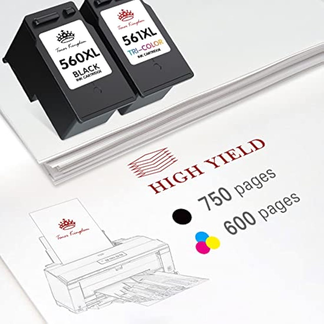 Toner Kingdom 560 561 XL Ink Cartridges Replacement for Canon 560 561 Ink Cartridges PG-560XL CL-561XL for Canon Pixma TS5350 TS7450 TS5351 TS7451 TS5352 TS5353 ink cartridges (1 Black, 1 Tri-Colour)
