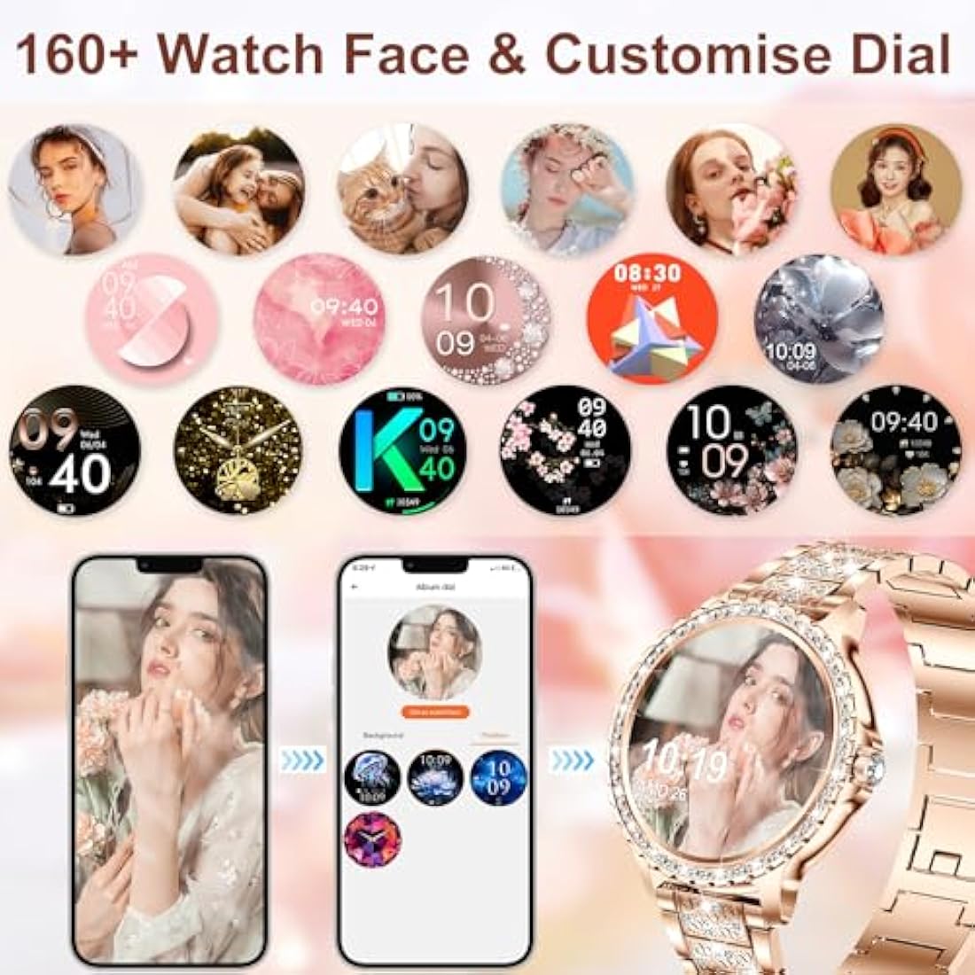 Smart Watches for Women Diamonds (Answer/Make Call),1.32''Touchscreen,Android Smart Watch with Heart Rate/Sleep Monitor,Smart Watch for Women Compatible with AI Voice,3 Bling Straps