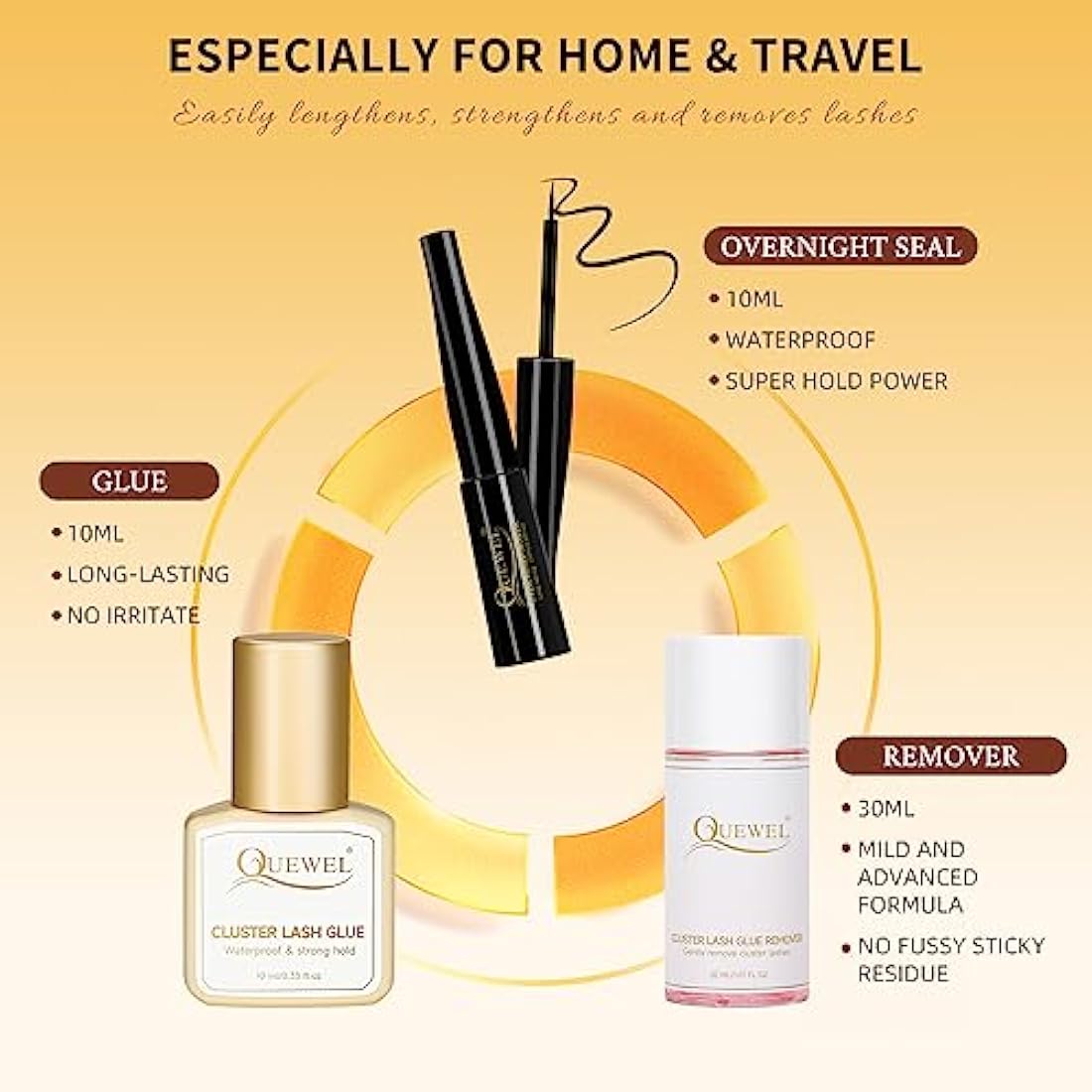 Individual Lashes 480 Cluster Lashes QUEWEL DIY Lash Extensions Kit, Eyelashes Applicator, Lash Cluster Glue Remover, Long-lasting Lash Glue and Overnightseal for Beginner to Apply(Mega D MIX)