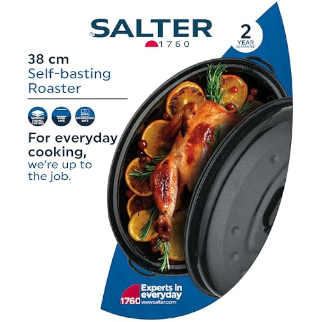 Salter BW12811EU7 Self-Basting Roaster – 38cm Vitreous Enamel Coated Steel Roasting Tin With Lid, Oval Dish, PFAS-Free, Dishwasher Safe, Oven Safe to 230°C, Easy Clean, Roast Meat/Vegetables, Black