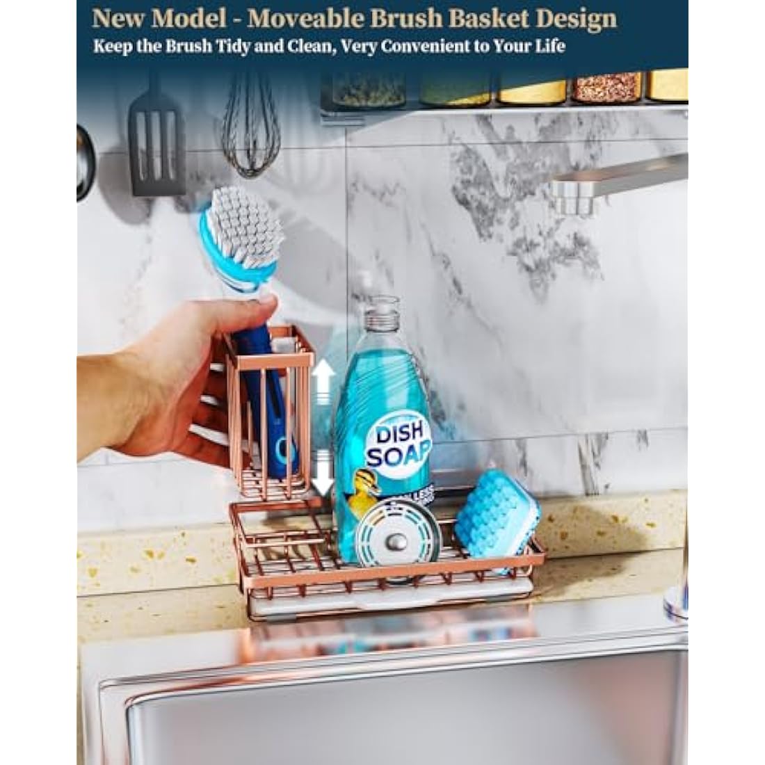 Consumest Sponge Holder for Kitchen Sink - Sink Caddy Kitchen Sink Organizer with Removable Drip Tray for Countertop Dish Soap Dispenser Brush Storage Accessories 304 Stainless Steel, Rose Gold
