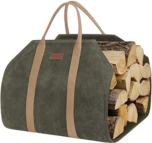 ZORMY Waxed Canvas Log Carrier Tote Bag, Extra Large Durable Firewood Holder with Handles and Shoulder Strap, Heavy Duty Wood Carrying Bag for