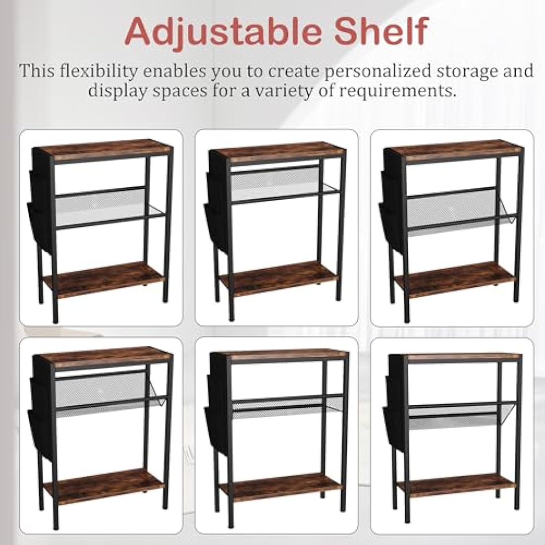 Yusong Small Narrow Side Table for Small Spaces, Slim End Table with Storage Bag, Sofa Snack Table with Adjustable Metal Mesh, 3 Tier Accent Skinny Beside Table for Living Room & Bedroom, Rustic Brown