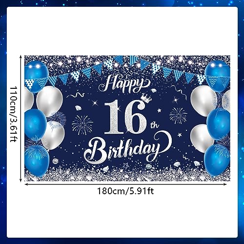 Yontree Happy 16th Birthday Banner - Navy Blue & Silver Birthday Backdrop 1.1 x 1.8m for 16 Years Old Anniversary Party