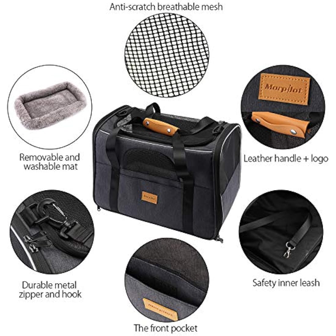 Morpilot Portable Pet Carrier Bag, Top Opening, Removable Mat and Breathable Mesh, Foldable Transport Carrier for Dogs and Cats, with Shoulder Strap and Pet Bowl, Grey