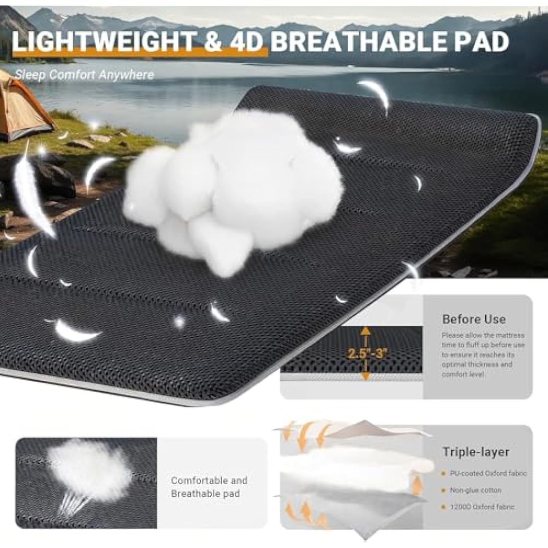 OVERMONT Oversized Folding Camping Beds with Cushion - Extra Wide Portable Folding Cot for Adults with Carry Bag for Outdoor Travel Home Office Nap, Supports 550 lbs