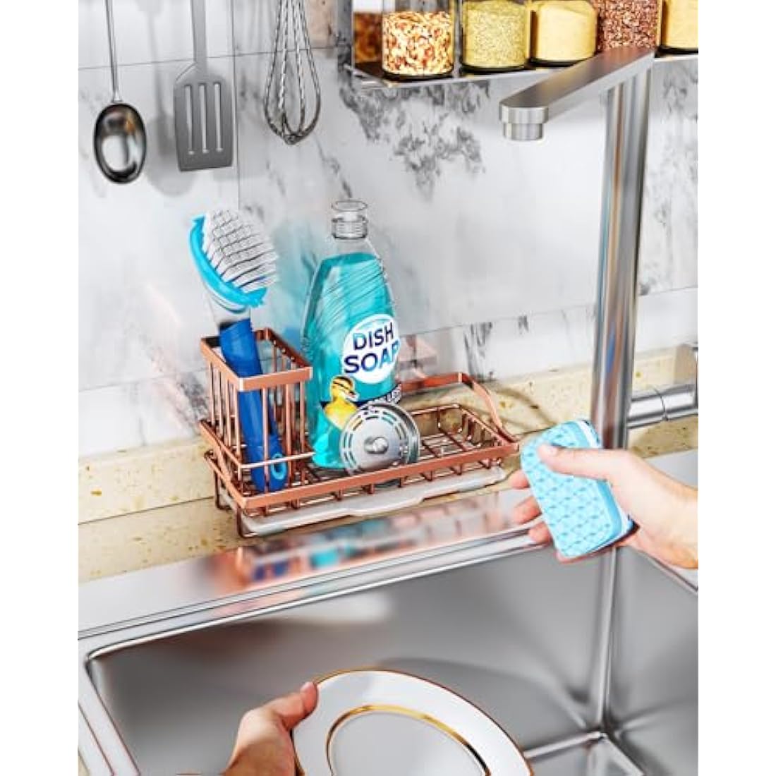 Consumest Sponge Holder for Kitchen Sink - Sink Caddy Kitchen Sink Organizer with Removable Drip Tray for Countertop Dish Soap Dispenser Brush Storage Accessories 304 Stainless Steel, Rose Gold