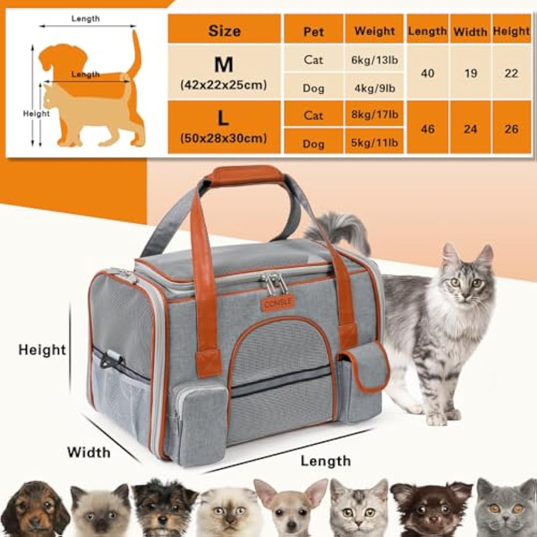 COMSLE Pet Carrier Bag Large for Cat Dogs up to 8kg, Airline Approved Portable Dog Travel Bag Suitable for Long and Short Trips with 5 Sides Breathable Mesh, Soft Removable Mat and Shoulder Strap
