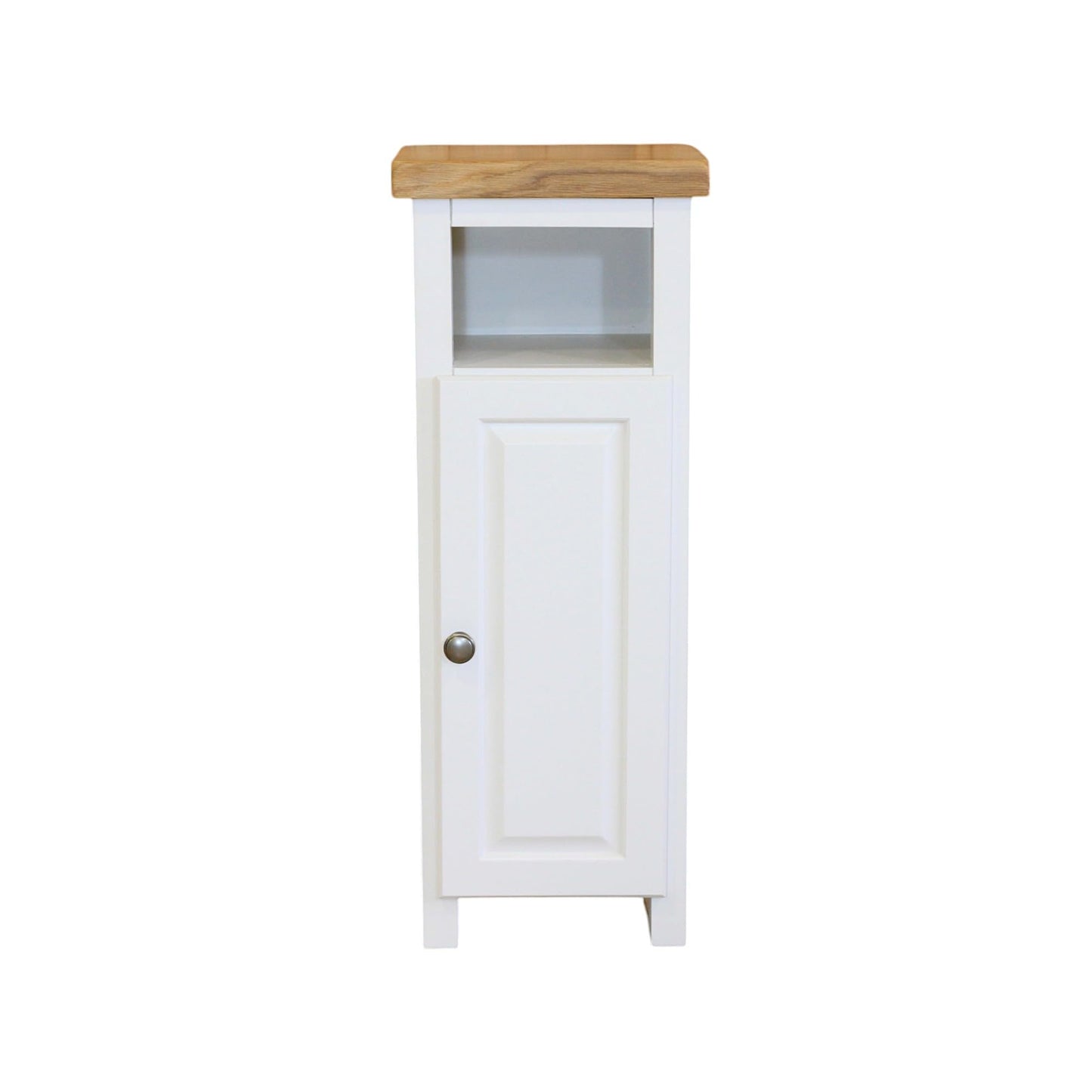 GROF Slim Display Cabinet, Snow White Painted Storage Unit with Oak Top, Narrow Side Table for Living Room and Hallway, W33 x D30 x H80 cm