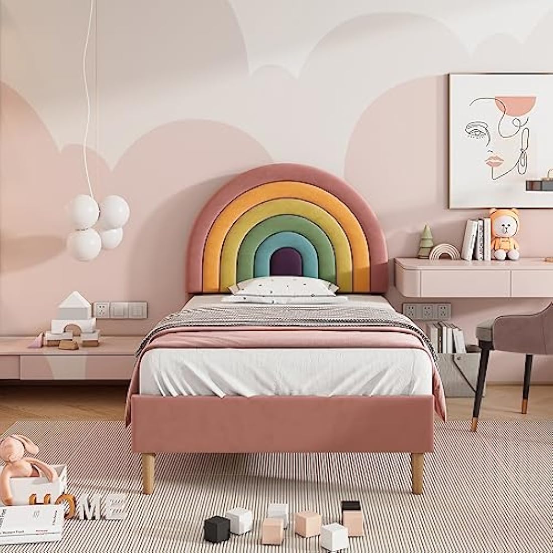 BTM Upholstered Bed 90 * 190cm, Velvet Single Bed Frame with Slatted Frame and Height-adjustable Headboard for Teenagers and Kids, Wooden Slat Support, No Mattress