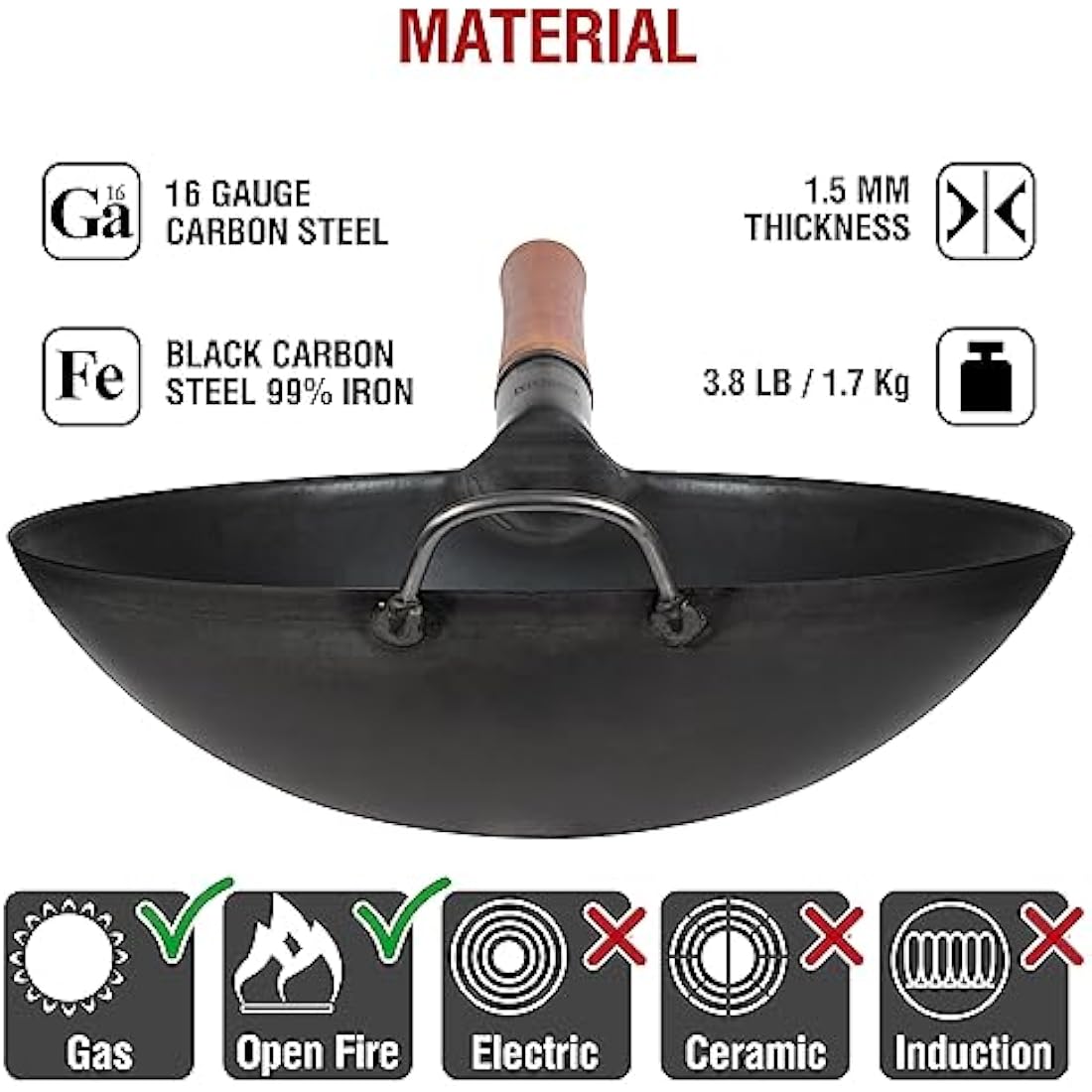 YOSUKATA Carbon Steel Wok Pan - 14"/36 cm Woks and Stir Fry Pans - Chinese Wok with Round Bottom Wok - Traditional Chinese Japanese Woks - Black Steel Wok 14 in/36 cm