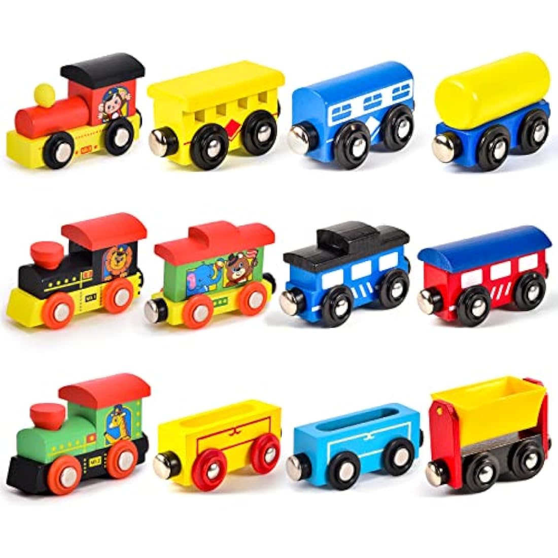Atoylink Animals Wooden Train Set Toys Engines Cars Magnetic Collection of Vehicles Montessori Educational Toys Preschool Learning Toys Gifts for Kids Toddler Boys Girls 1 2 3 4 5 6 Years Old 12Pack