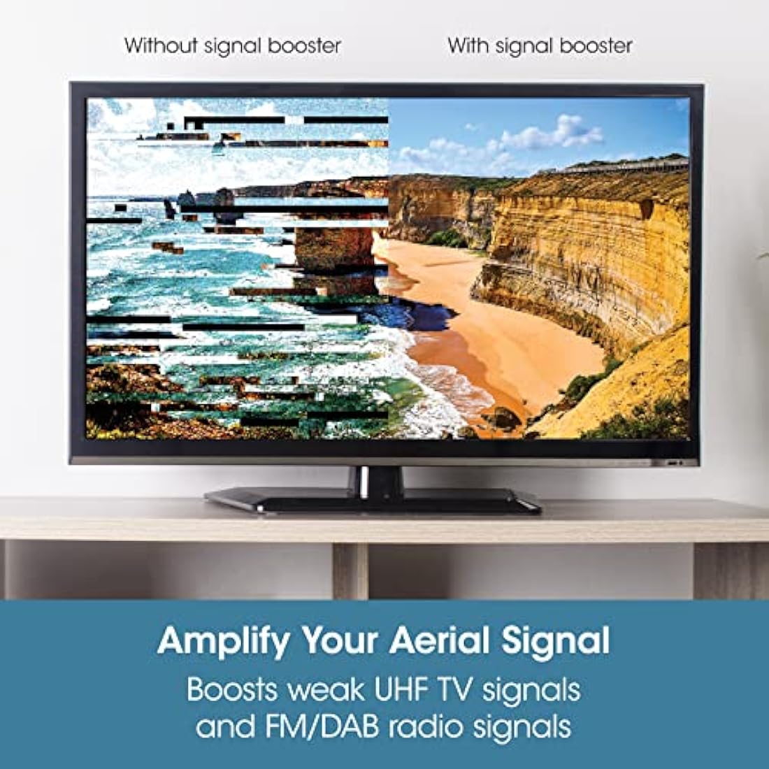 SLx TV Signal Booster Aerial Amplifier, 1 Way Signal Distribution Amplifier with Coax Connections, 4G & 5G Filtering, Indoor TV Aerial and Freeview, Variable Gain Control