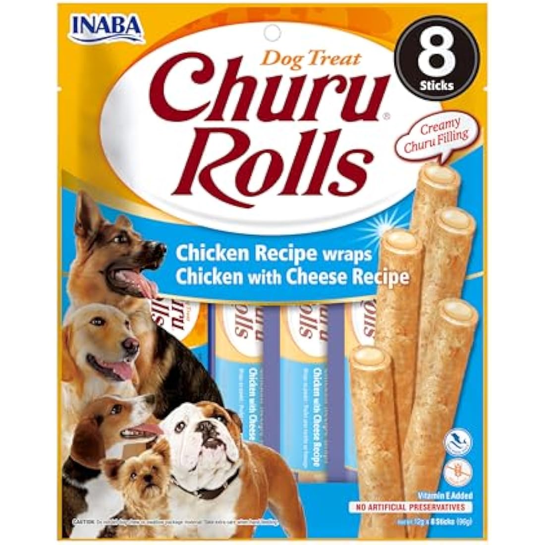 Churu Rolls by INABA Dog Treat - Chicken Flavour 8 Pack (64 x 12g total) / Crispy Sticks with Creamy Filling Dog Treat, Delicious & Healthy Snack, Hand Feeding, Training Snack, Natural, Grain Free