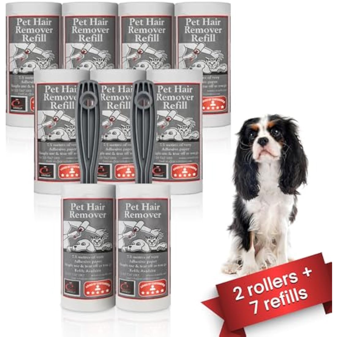 CARASELLE Pet Hair Remover Roller packed with Refills - 7.5 metres of Super Adhesive sheets - Picks up Lint, Hair & Debris! Multi-Purpose Dog Cat Hair Lint Roller (pack of 2 rollers + 7 refills)