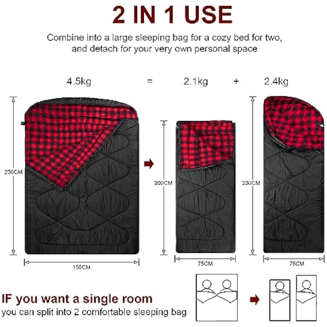 Mcota Cotton flannel double sleeping bags for Winter, waterproof queen size sleeping bag for 2 person cold weather camping, backpacking or traveling, double wide sleeping bags for family or couples