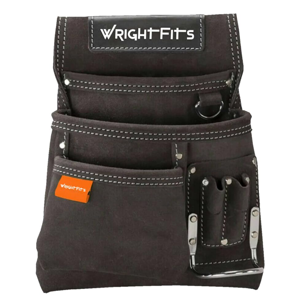 WrightFits Tool Pouches with Multi Pockets | Leather Tool Belt Pouch | Hammer Holder and Nail Pouch Organiser for Builders, Carpenters, Gardeners,