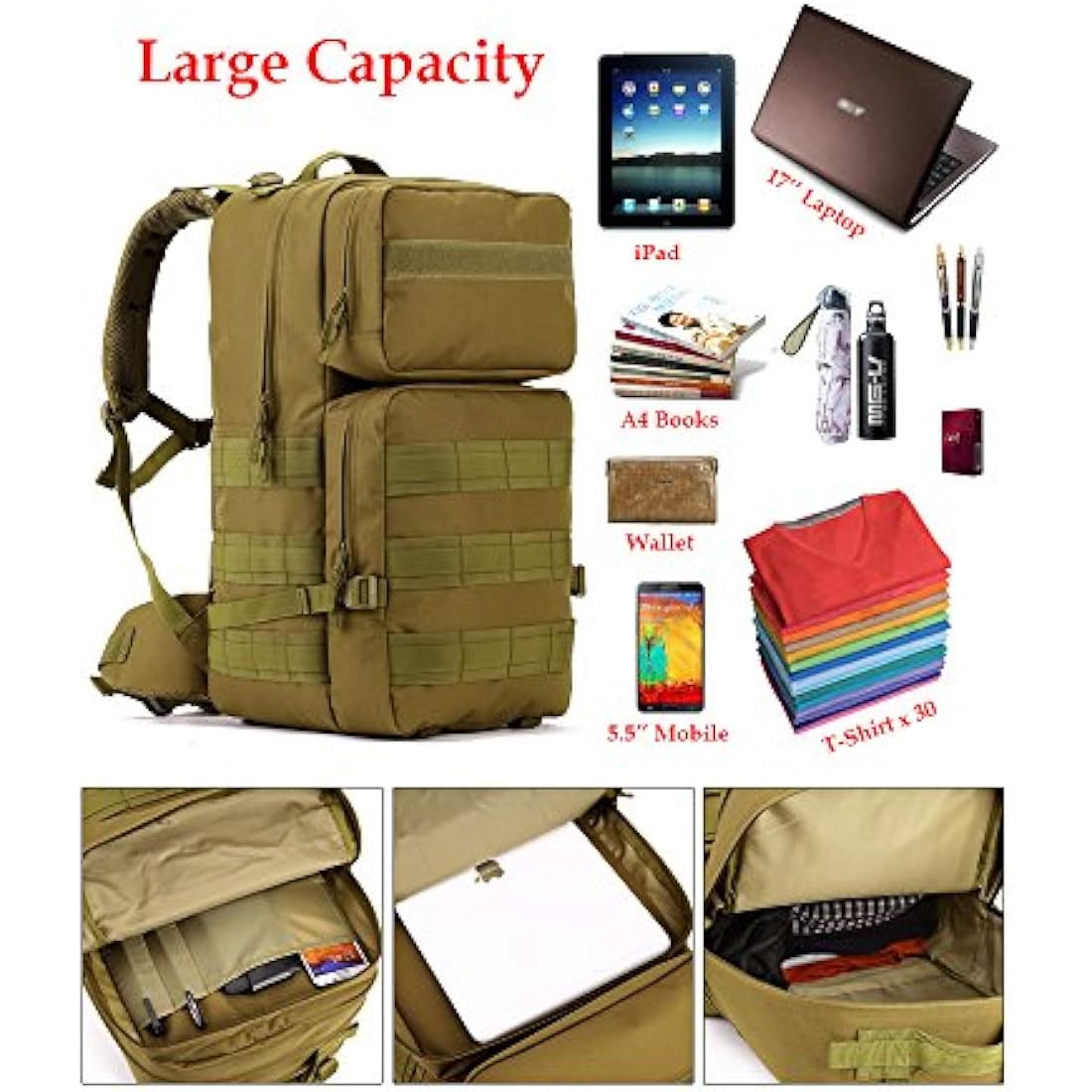 YuanWen Tactical Backpack 55L Water Resistant Military Army Combat Rucksack Trekking Rucksack MOLLE Camping Hiking Backpack Black