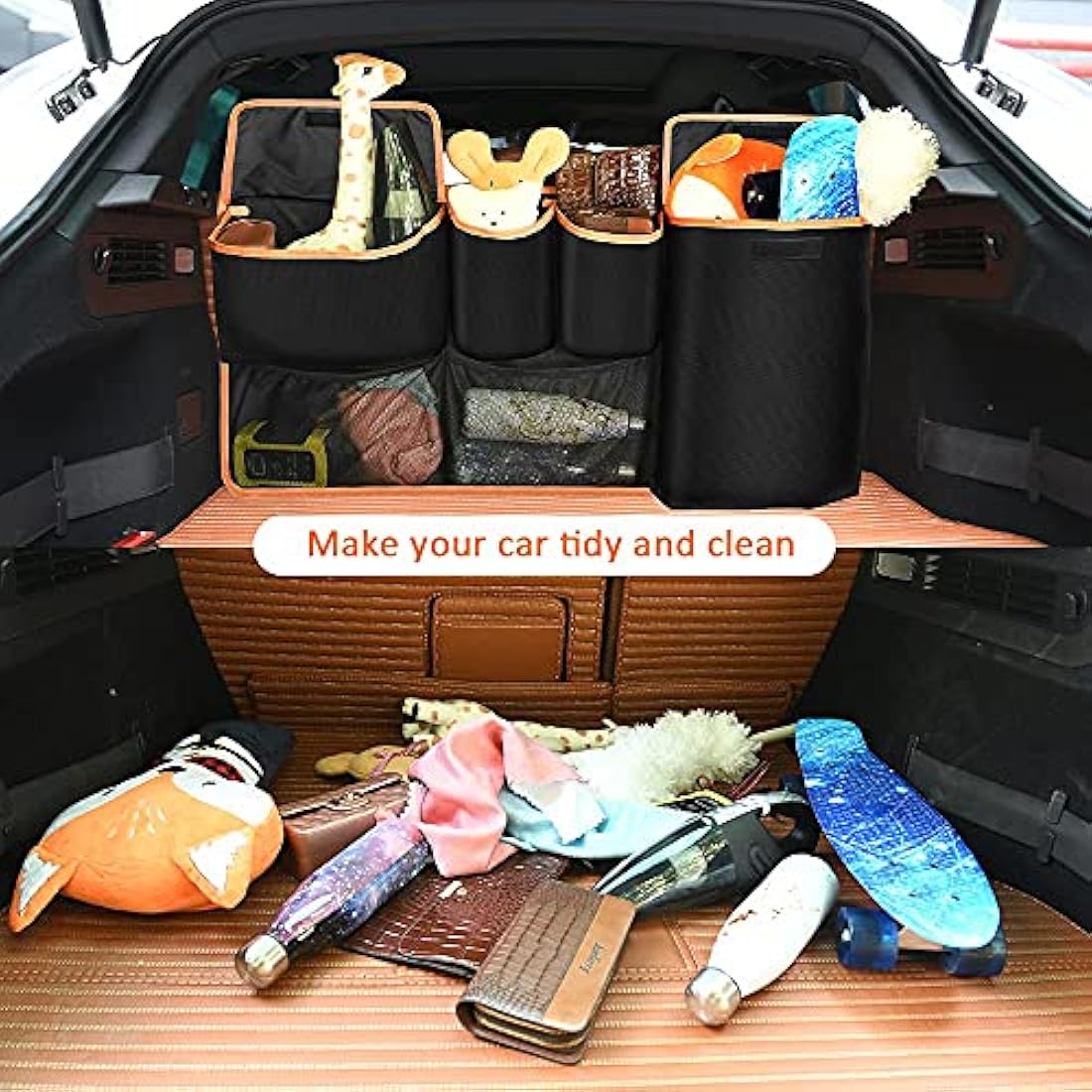 URAQT Car Boot Organiser Waterproof Kick Mats Seat Back Protectors, Travel Durable Foldable Multi-Pocket Children's Cargo Net Storage for Car Backseat Cover (100x45cm)
