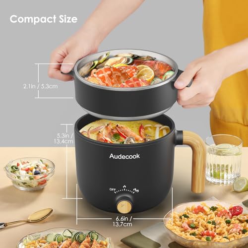 Audecook Electric Hot Pot with Steamer, 1.5L Portable Non-Stick Mini Multifunctional Cooker, Travel Electric Skillet with Dual Power Control for Ramen