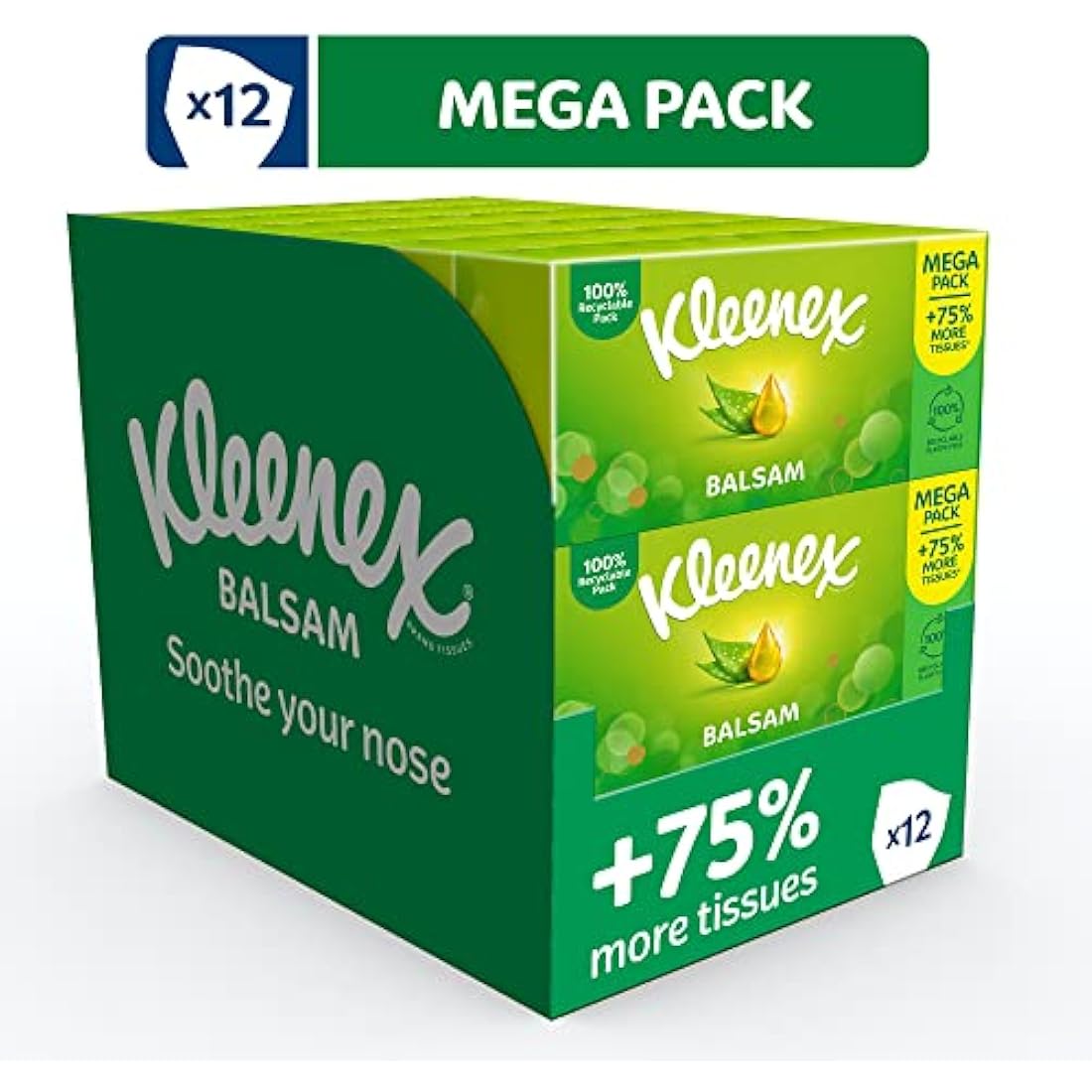 Kleenex® Balsam Tissues, Mega Pack - 1,344 Sheets (12 Boxes x 112 Sheets) - Balm Tissues Protect and Soothe Your Nose When You've Got a Cold - Balmcare® with Aloe Vera, Vitamin E and Calendula