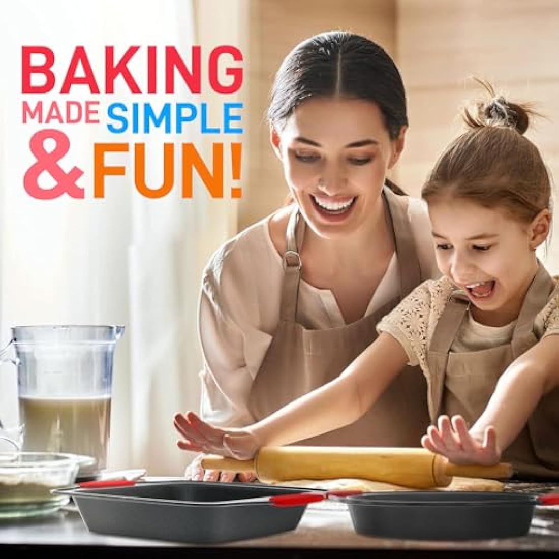 Kitchen Oven Baking Pans - Deluxe Nonstick Blue Coating Inside & Outside Carbon Steel Bakeware Set with Red Silicone Handles, Durable & Reliable Cookie Sheet Oven Pan Style