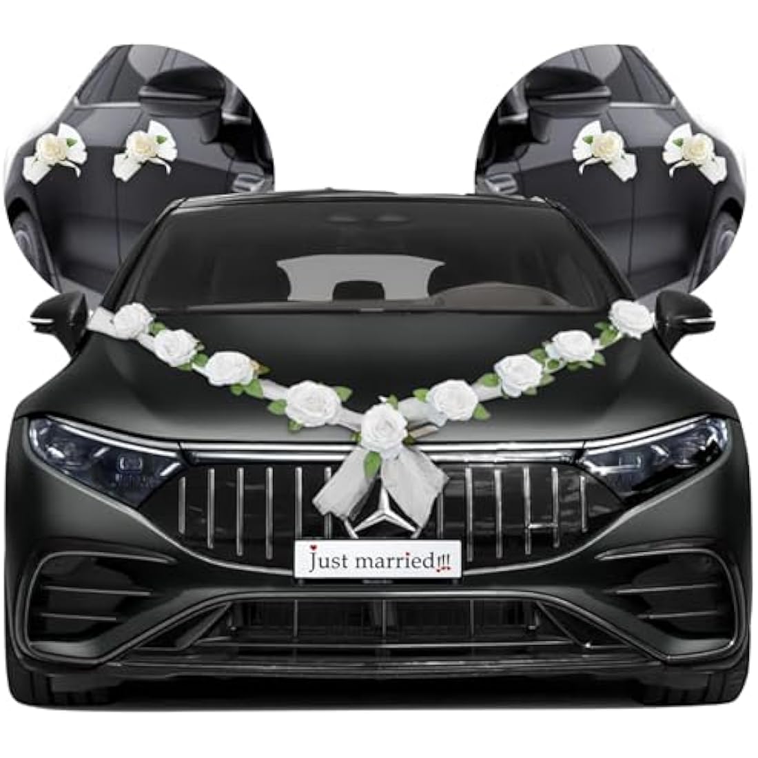 Nueva Vida Wedding Car Decoration, Silk Flowers for Your Wedding Car - 2 x 180 cm Garland for the Bonnet, Including 4 Door Handle Ribbons