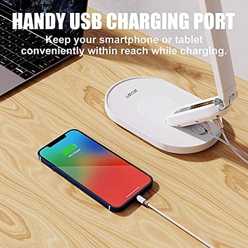 JKSWT LED Desk Lamp, Eye-Caring Table Lamps Natural Light Protects Eyes Dimmable Office Lamp with 5 Color Modes USB Charging Port Touch Control and Memory Function, 10W Reading Lamp,White