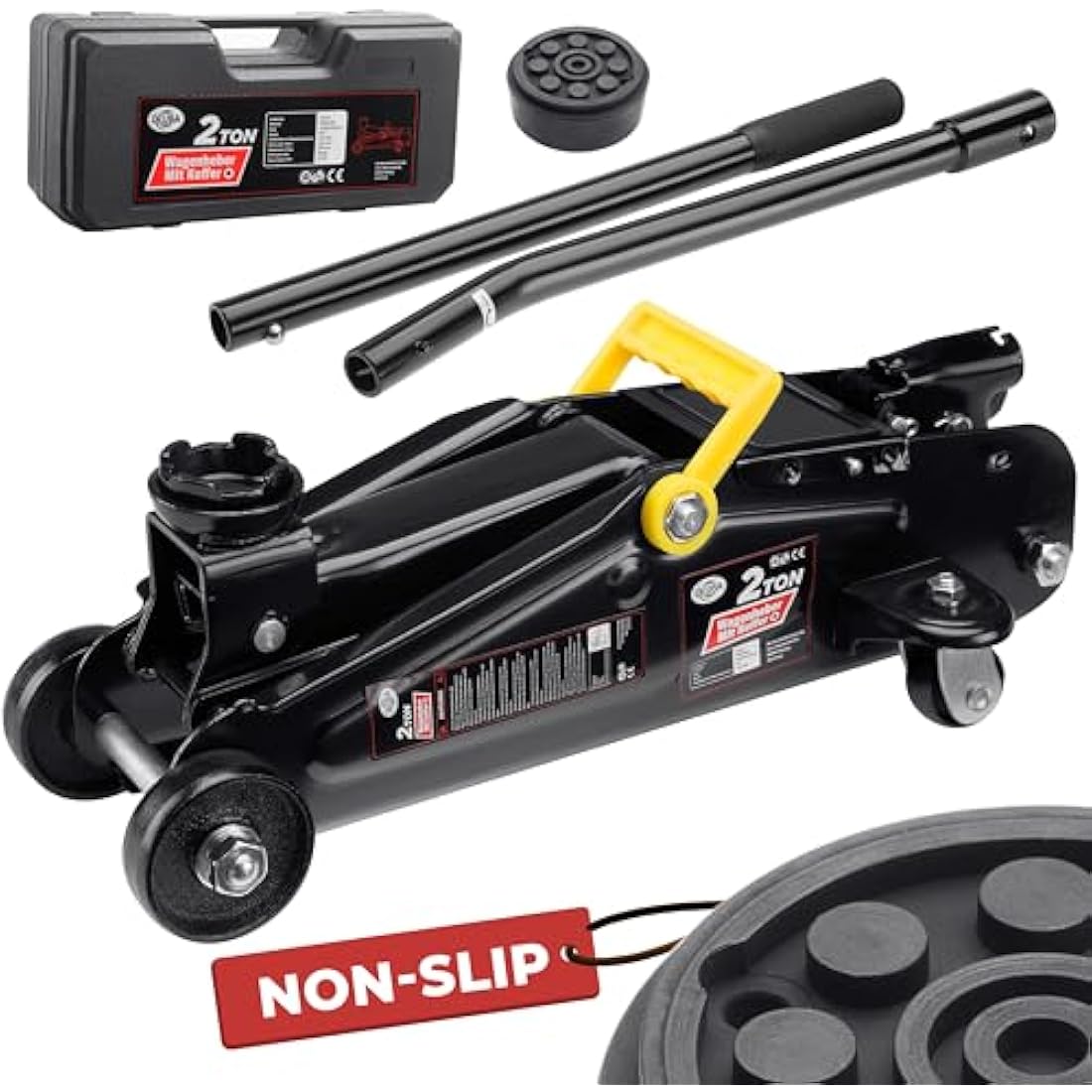 DEUBA® Hydraulic 2 Tonne Trolley Floor Jack for Cars | Lift Height 135-330 mm | With Case and Rubber Pad | Portable Garage and Workshop Equipment