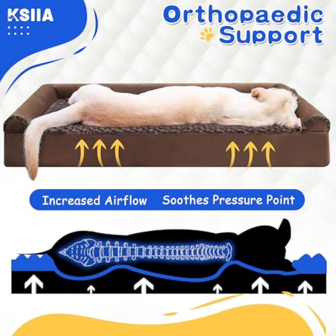 KSIIA Large Dog Bed, Orthopedic Dog Sofa Beds Pet Bed, Dog Couch with Removable Washable Cover, Waterproof Dog Bed, Pet Sofa with U-Shape Bolster, Brown 91x68x16cm