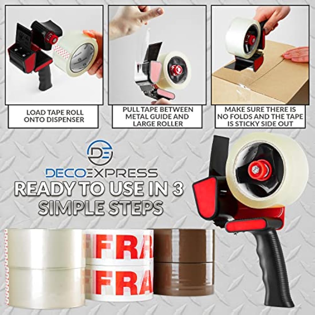 DECO EXPRESS Packaging Tape Dispenser Gun and 6 Rolls Parcel Tape Strong Brown Fragile Clear Heavy Duty for Packing Boxes Moving House Essentials (Dispenser Mixed, 1 Pack)