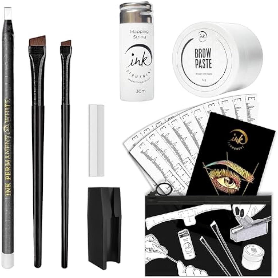 Eyebrow Mapping Kit with 30m White Mapping String, 15g White Brow Paste + 2 Eyebrow Brush Set, White Eyebrow Mapping Pencil, Pencil Shaper and Blades, 20 Mapping Ruler Stencils and Instructions