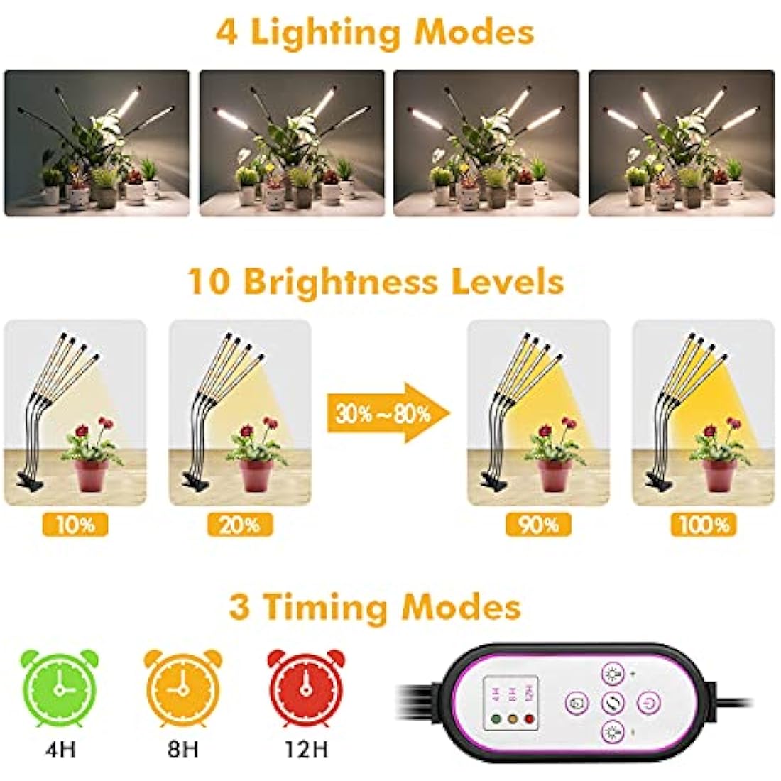 Garpsen Grow Lights for Indoor Plants, 80 LEDs Full Spectrum Led Plant Grow Light, 10 Dimming Level & 4 Heads Grow Lamp with Timer 360°Adjustable Gooseneck for Seedlings and Succulents